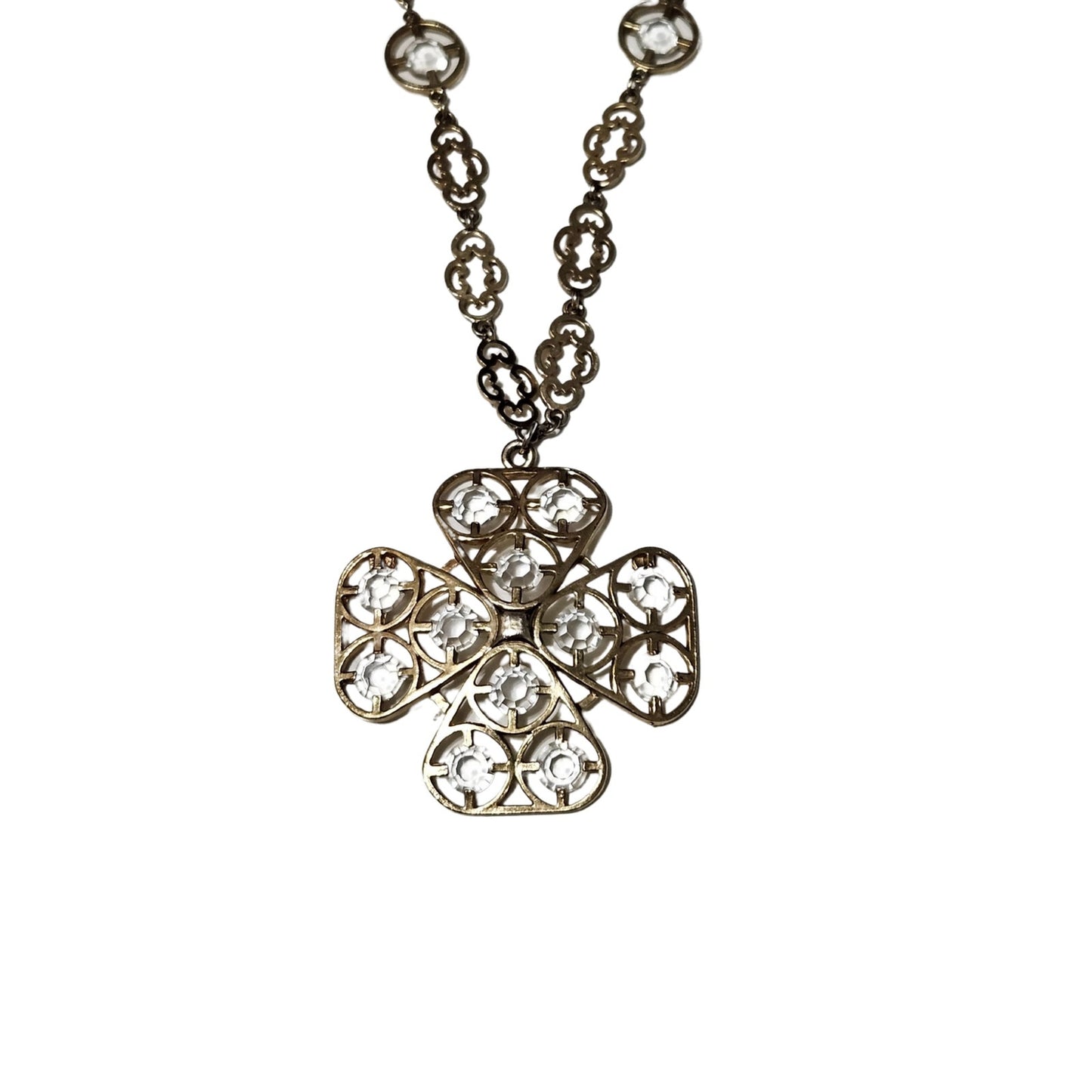 70s Cross Pendant Faceted Stone Metal Framework Ornate Interconnected Chain link