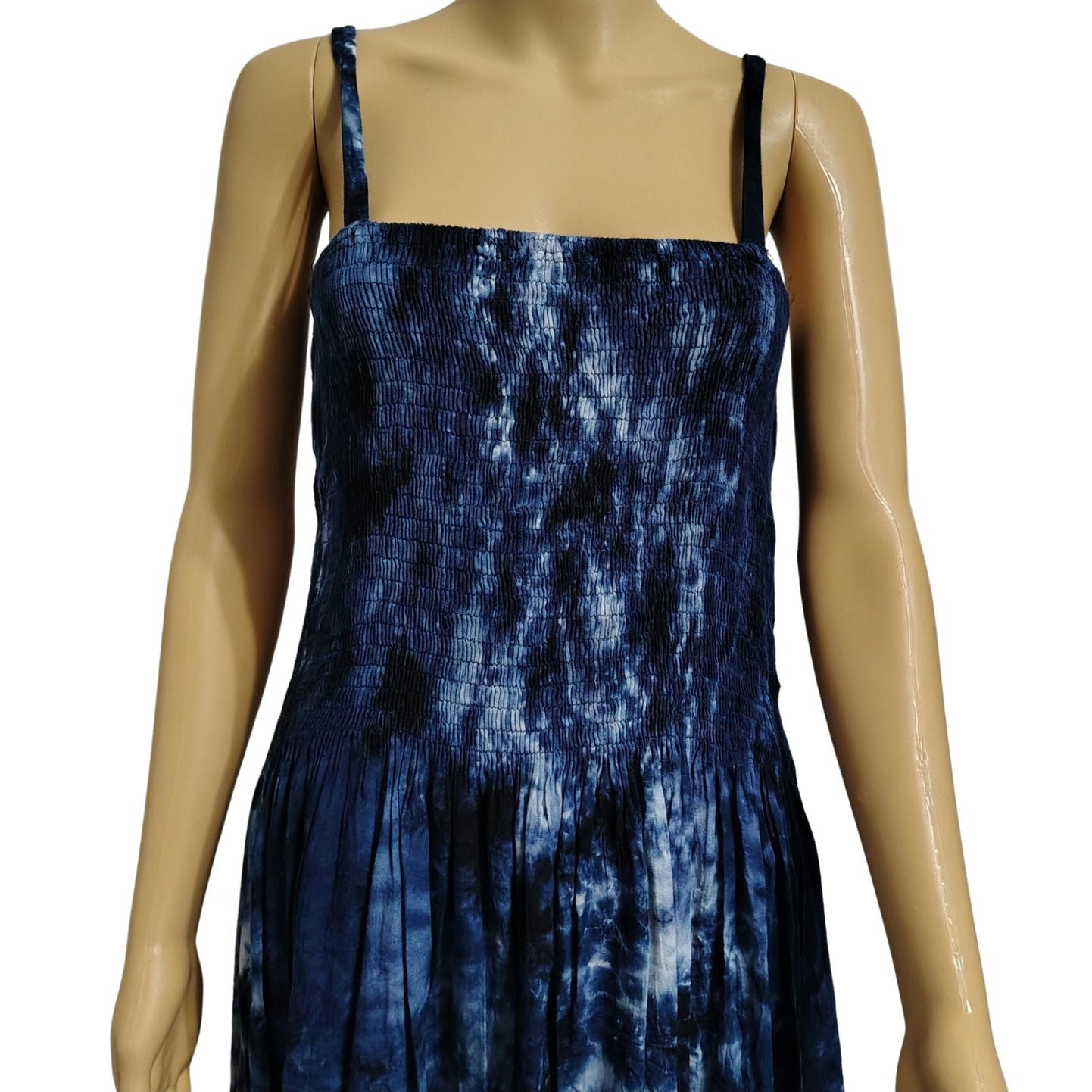 Summer Flowy Dress Blue Tye-Dye Elastic Shirred Top Uneven Hemline One Size