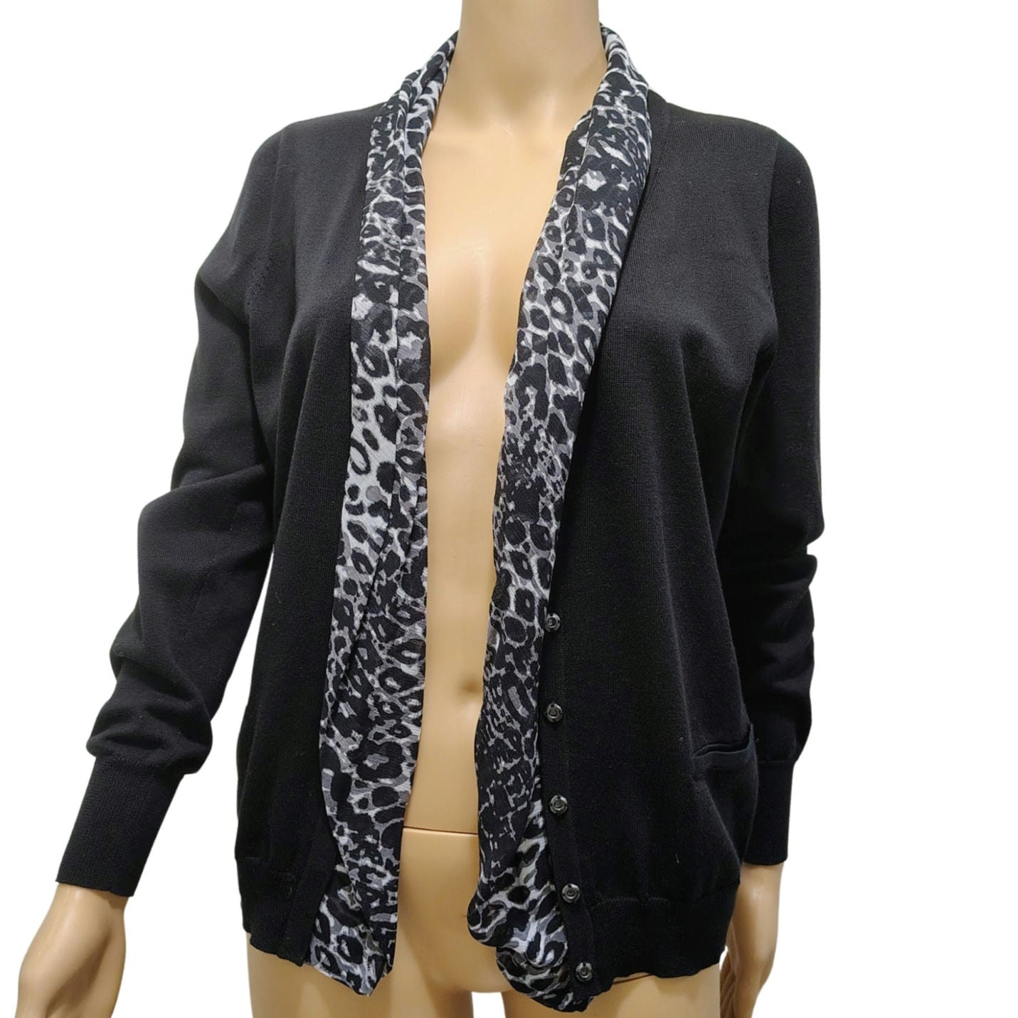 Tahari Black Cardigan Button Up Sweater Gray Leopard Print Trim Size Med Petite