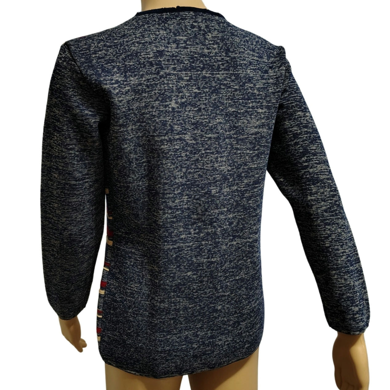 1960s Striped Blue Wool Button Up Cardigan Crewneck Long Sleeve Cardigan Size 12