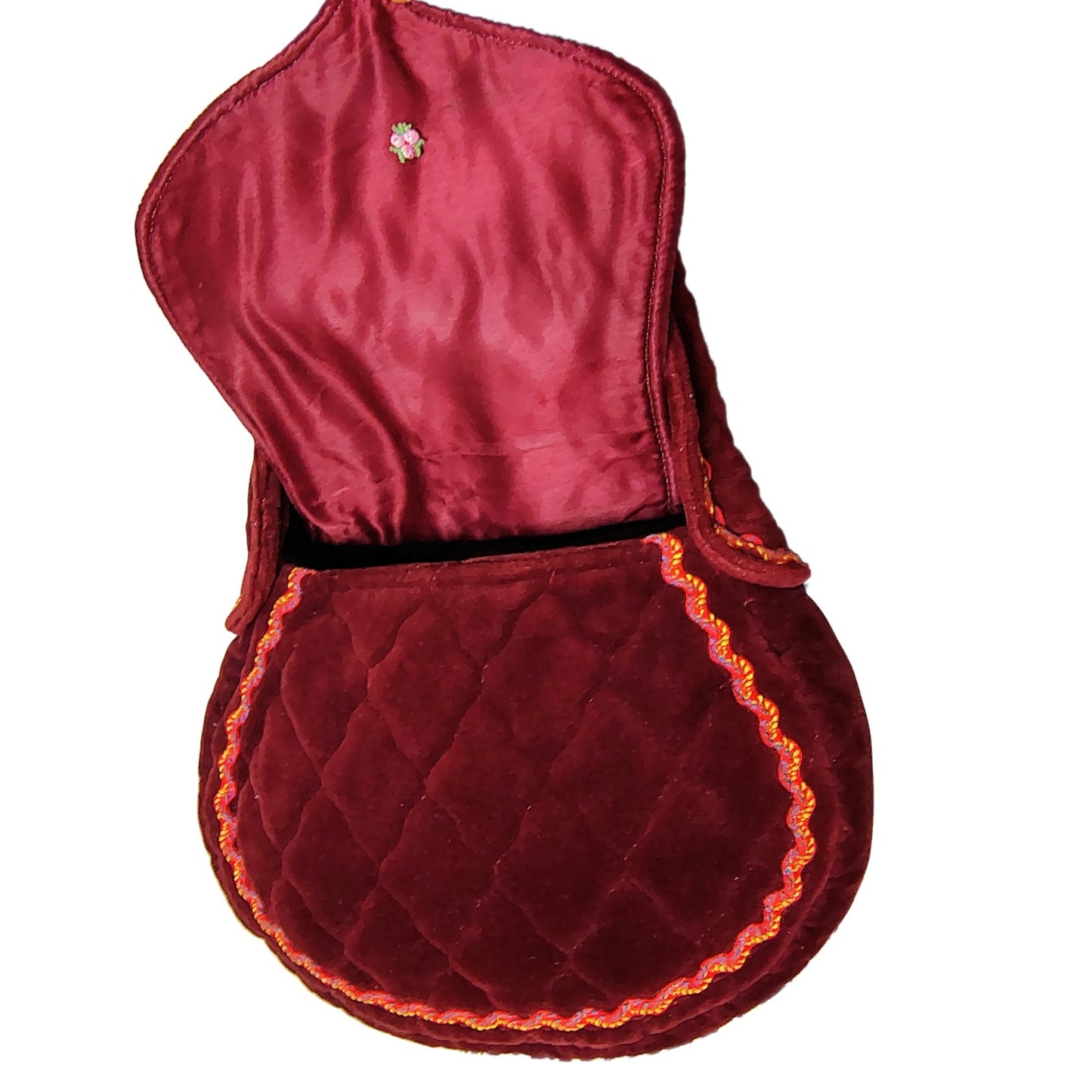 1970s Vintage Embroidered Wine Velvet Shoulder Handbag by Carpetbags of America