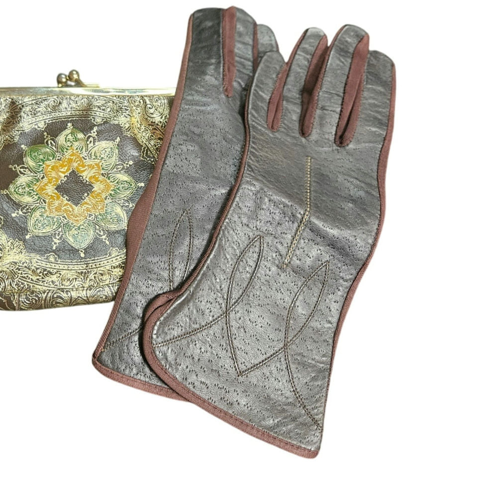 Vintage Brown Leather Top Gloves Polyester Bottom Gently Used Size 7 Womens