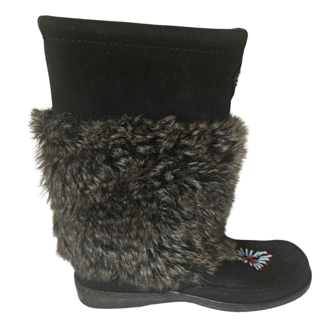 Minnetonka Mukluk Bead Detail Black Genuine Suede Leather Faux Fur Size 7 Womens