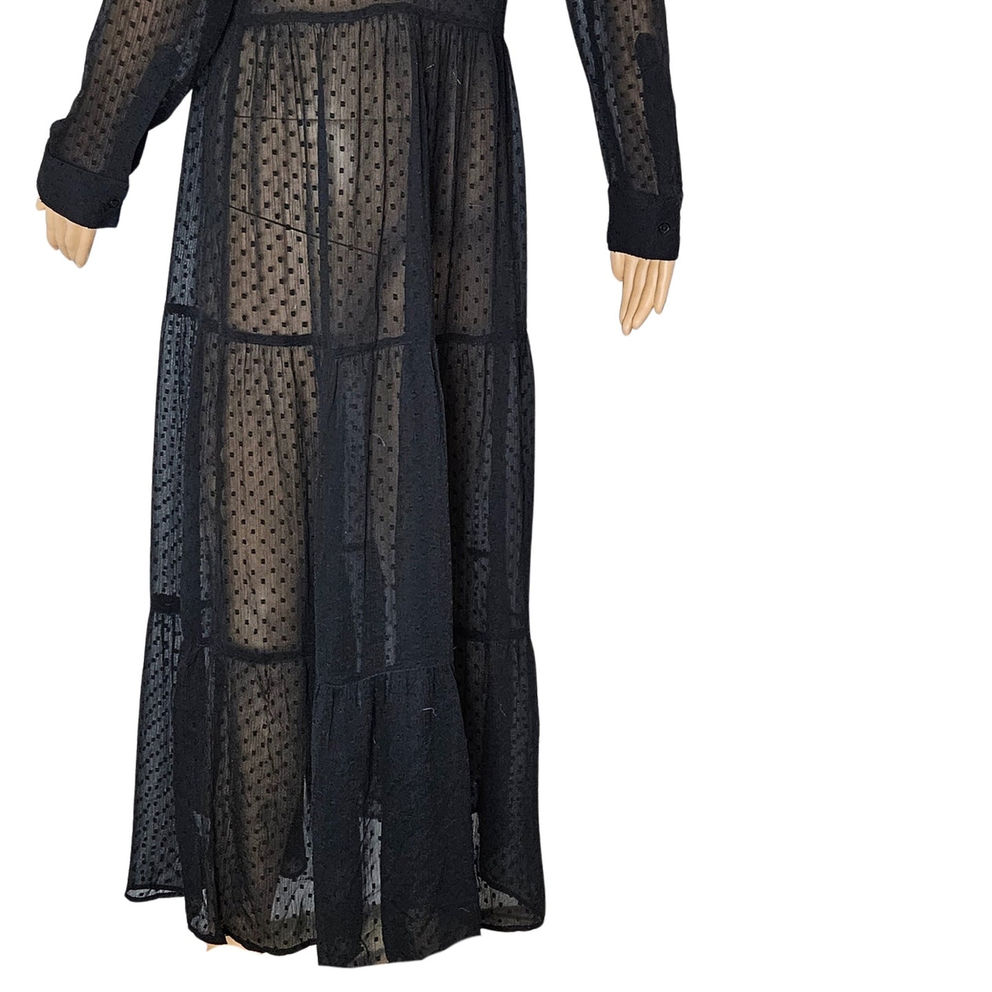 Black Sheer Polka Dot A Line Button Up Collar Shirt Dress Size 8 US 40 EUR