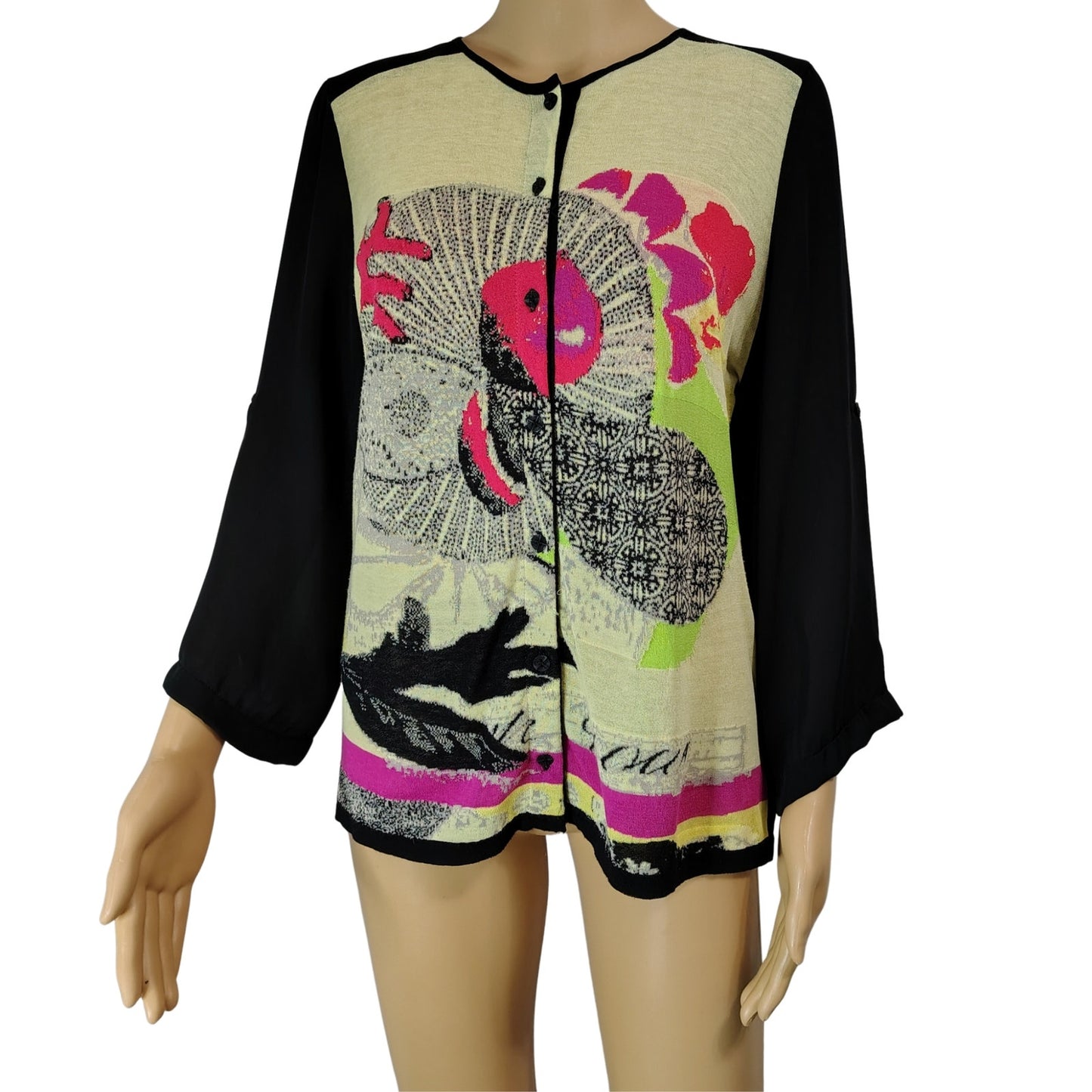 aldomartins Slightly Sheer Abstract Art Contrasted By Black Sheer Sleeves Size M