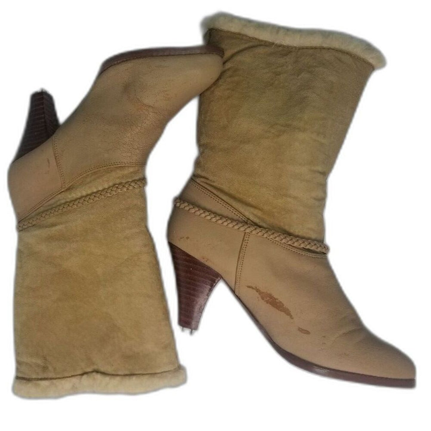 70s Vintage Kookie Sherpa Lined Beige Suede Vegan Faux Leather Boots Size 6.5