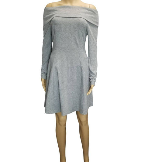 Gray Off The Shoulder Fit & Flare Long Sleeve Ribbed Knee High Dress Size Medium