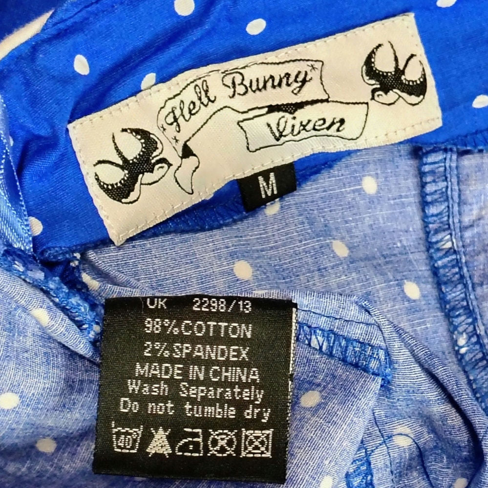 Hell Bunny Rockabilly Dress Blue White Halter Polka Dot Fit Flare Pinup Size Medium