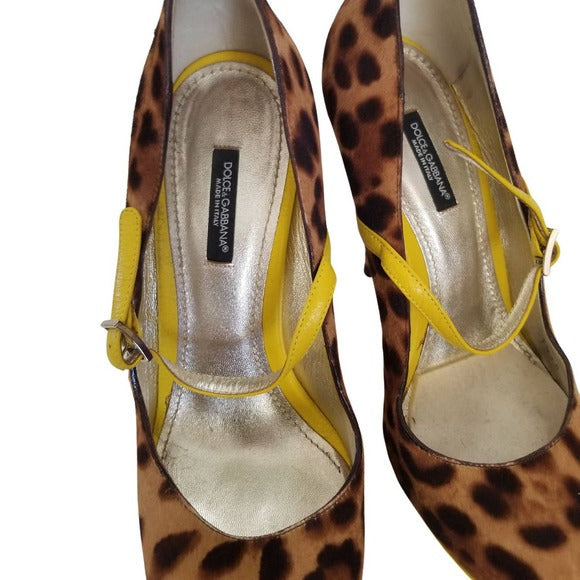 DOLCE & GABBANA Cheetah Platform Heels Yellow Trim Stilettos Size 8.5
