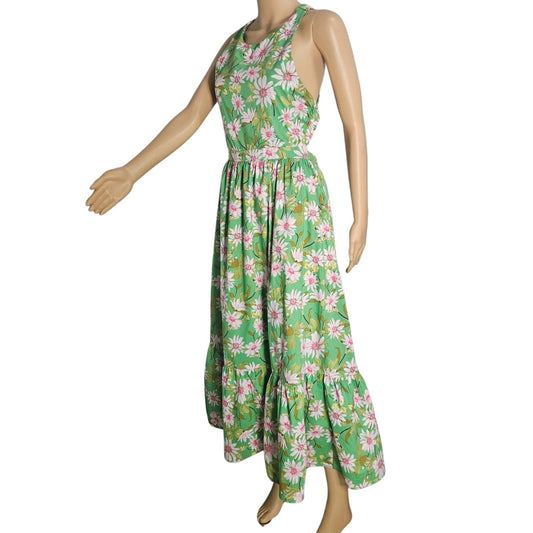 Storia Green Maxi Dress Pink Daisies Crisscross Strappy Top Open Back Size Large