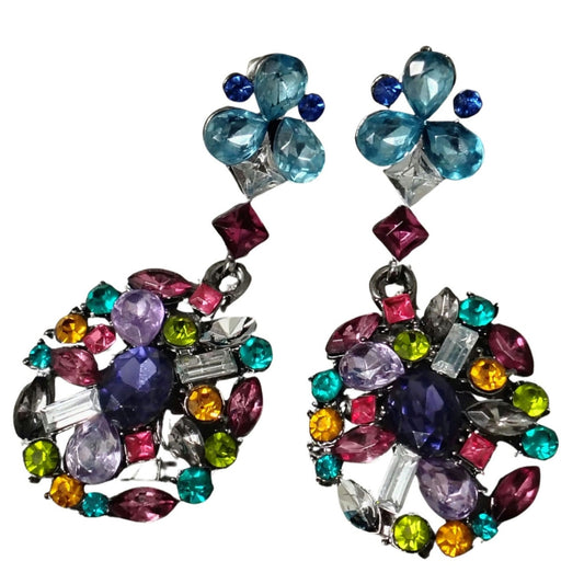 Dangling Crystal Bling Oval Statement Pierced Earrings Multi Color Rhinestone
