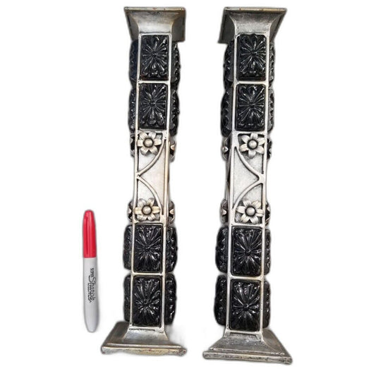 Vintage Heavy Candlesticks Black Ceramic Mixed Metals Flowers 15 In. Pair of Two