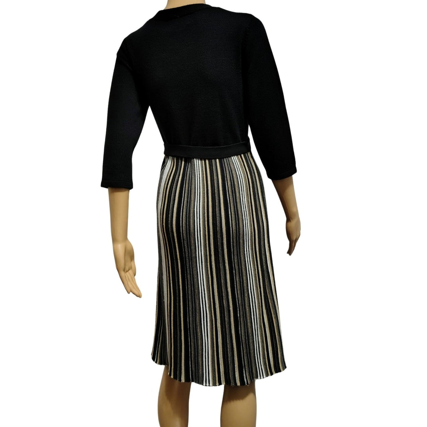 Studio 1 Striped Belted Midi Knit Fit & Flare V Neck Sweater Dress Black Size M