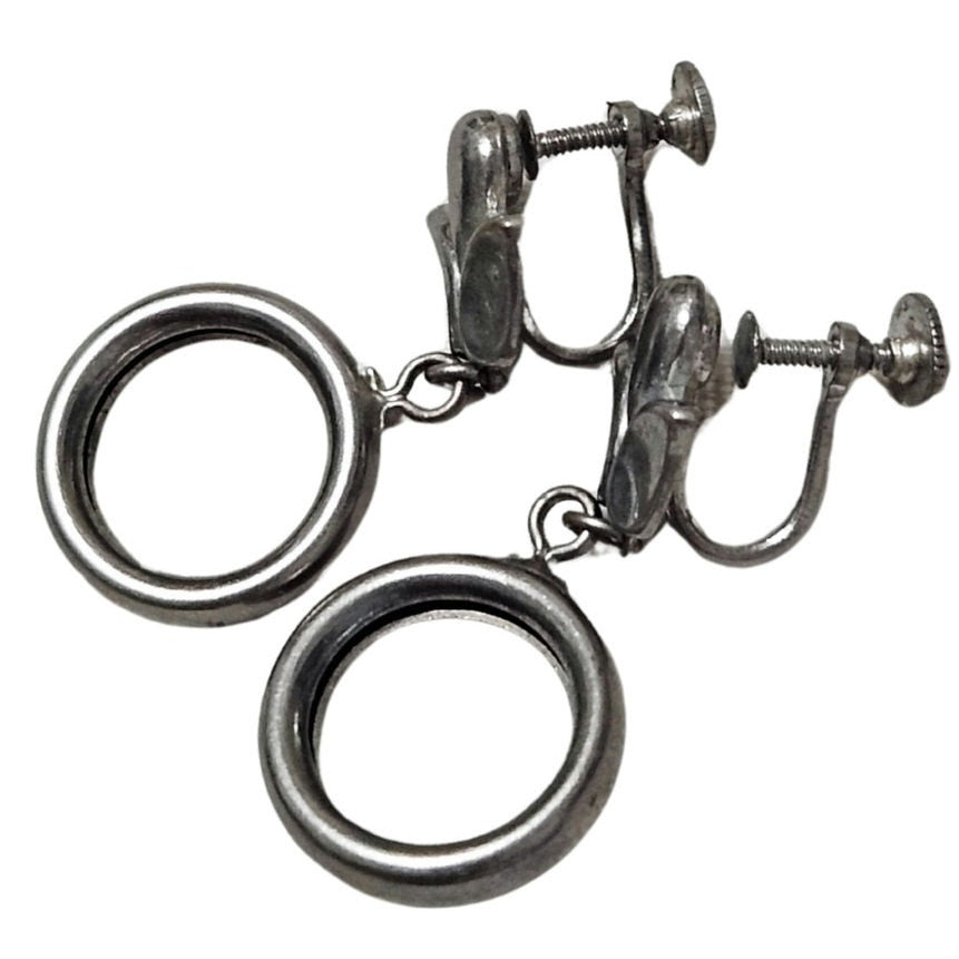 1950s Vintage Flower Dangling Loop Clip On Earrings Silver Tone Twist On Closure