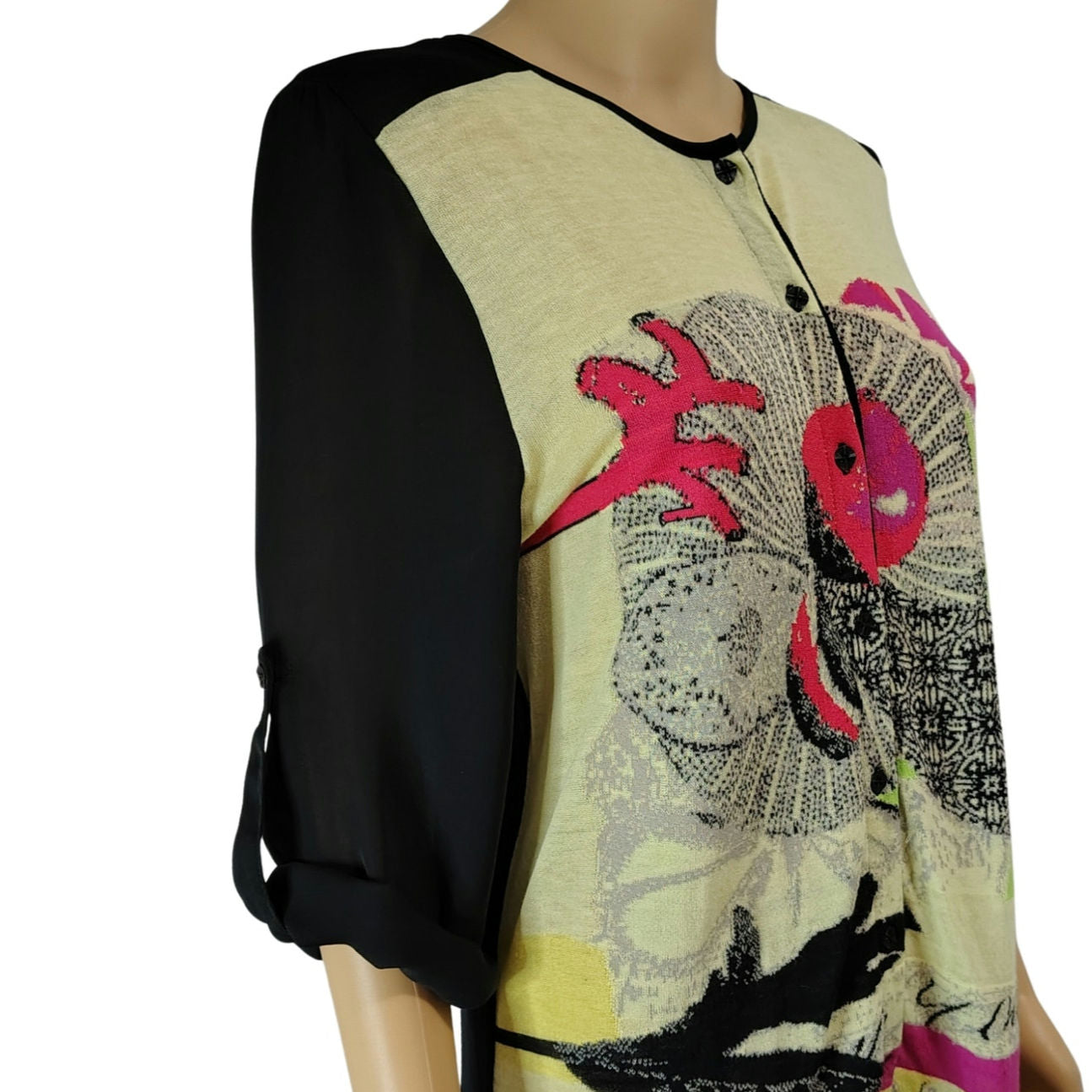 aldomartins Slightly Sheer Abstract Art Contrasted By Black Sheer Sleeves Size M