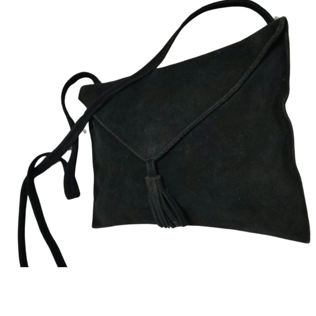 Black Suede Crossbody Envelope Handbag Tassel Magnetic Closure Fold Over Top