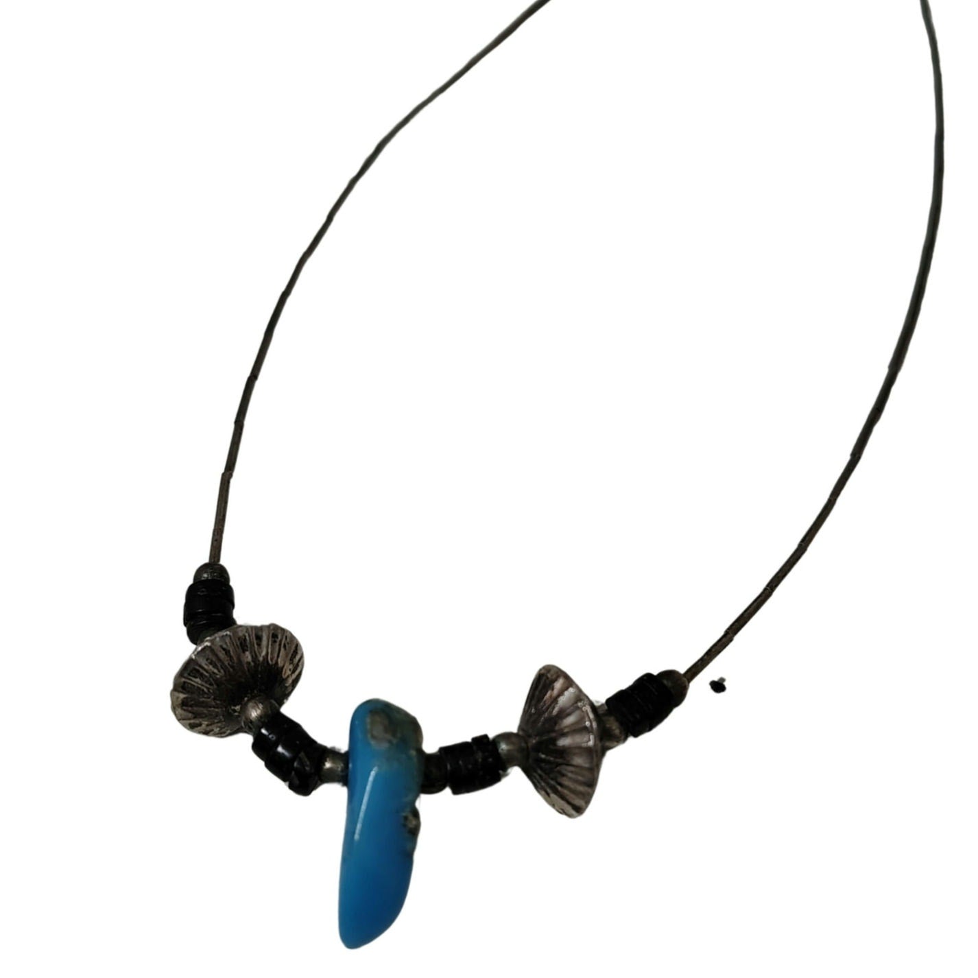 1970s Sterling Silver Liquid Beads Uncut Turquoise Stone Statement Boho Necklace