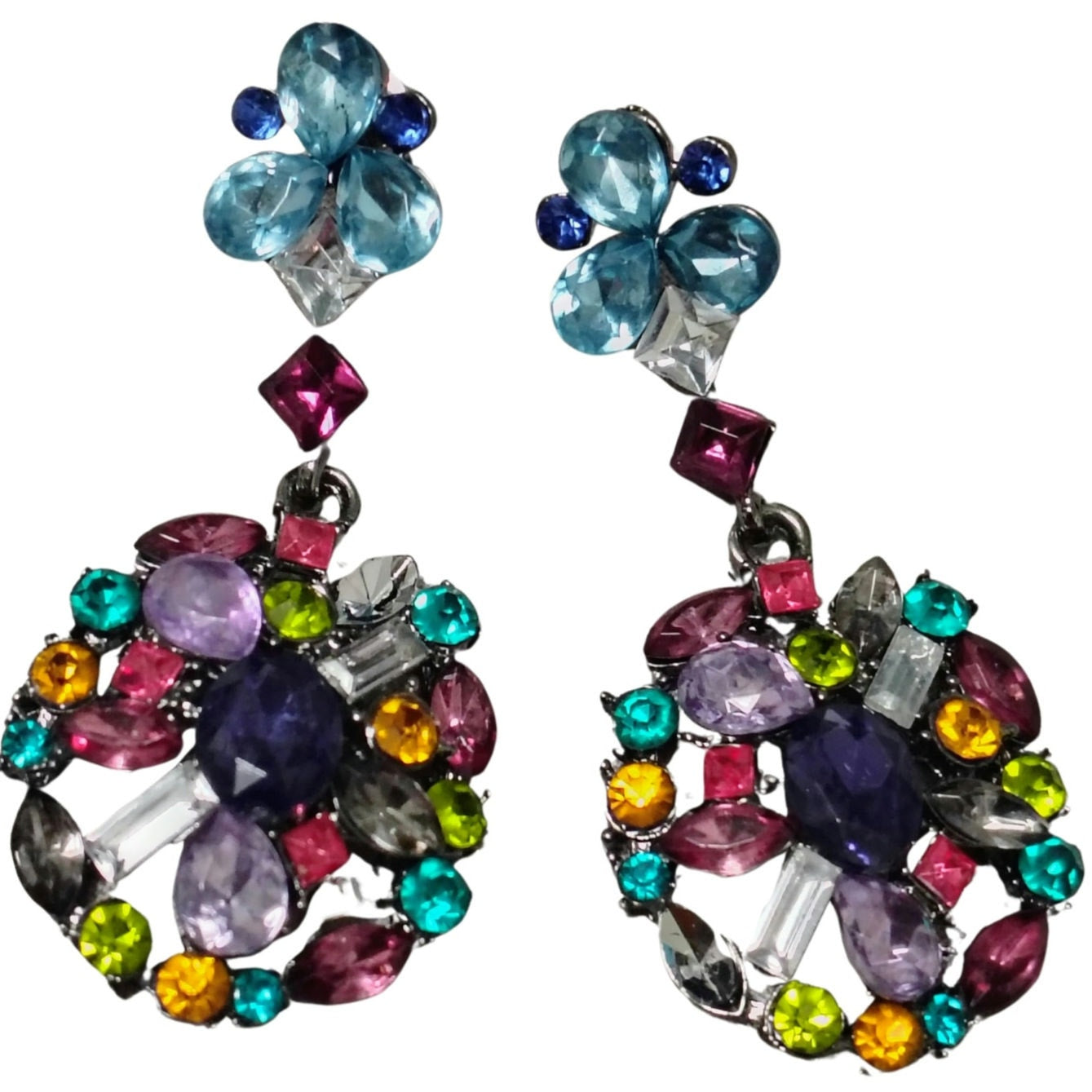Dangling Crystal Bling Oval Statement Pierced Earrings Multi Color Rhinestone