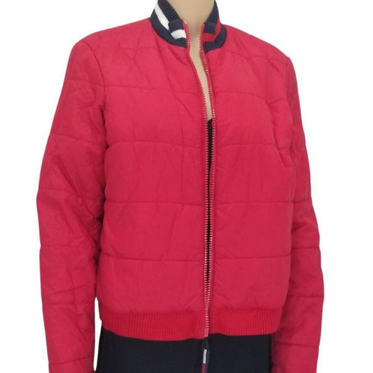 VINTAGE Red Tube Puffer Zip Up Winter Coat Short Collar Tommy Jeans Size Large