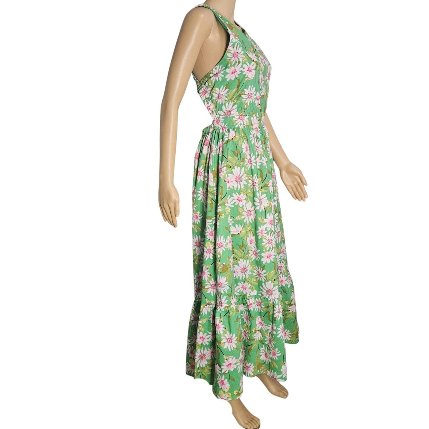 Storia Green Maxi Dress Pink Daisies Crisscross Strappy Top Open Back Size Large