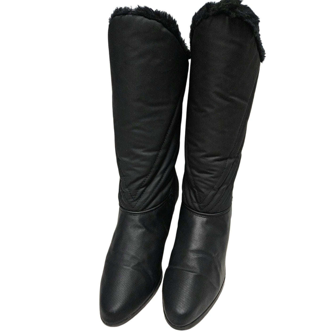 1980s Black Waterproof Rainboots 3 Inch Pump Heel Narrow Faux Fur Lining Size 7