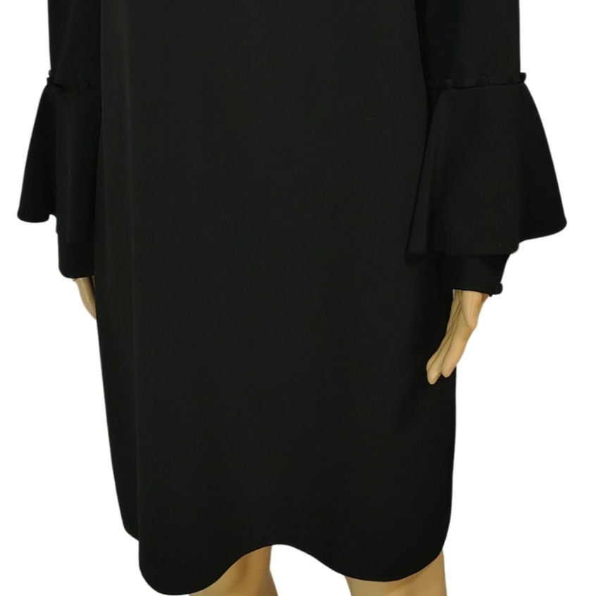 Laundry Shelli Segal Black Midi Dress Ruffled Flare Sleeves Pom Cut Out Size 12