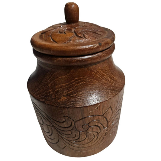 1960s Teak Wood Hand Carved Tea Canister With Lid Round Container Tiki Jar