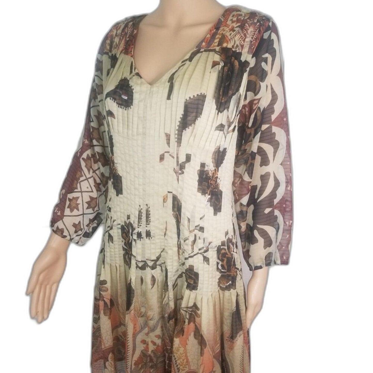 Desigual by Christian Lacroix Brown Pleated Floral Midi Long Sleeve Dress Size 8