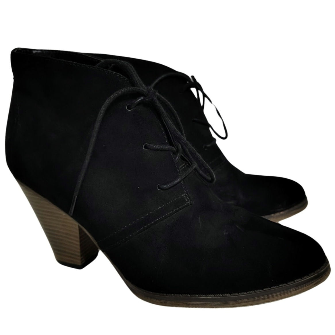 Mia Shayna Lace Up Ankle Bootie Black Faux Suede Wood Stacked Heel Size 9M Women