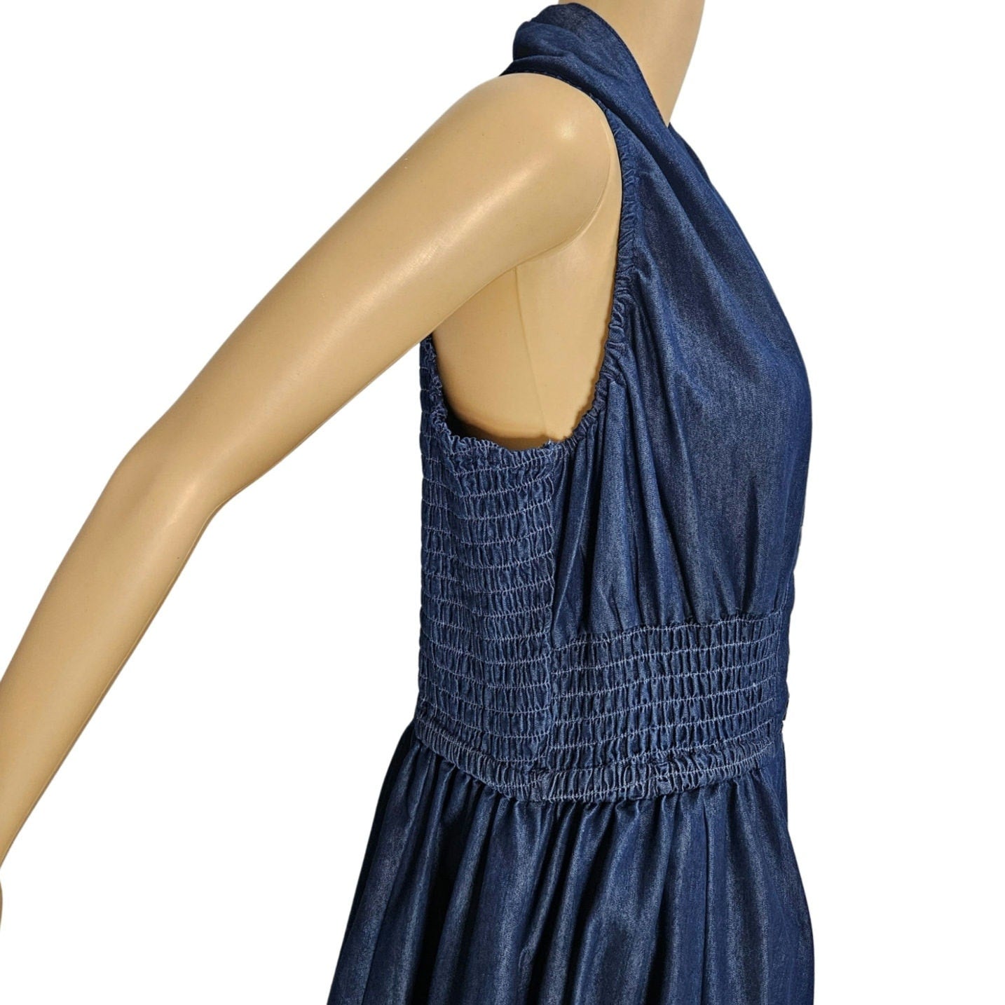 Jean Shirred Racerback Elephant Extra Wide Leg Blue Denim Romper V Neck Size XL