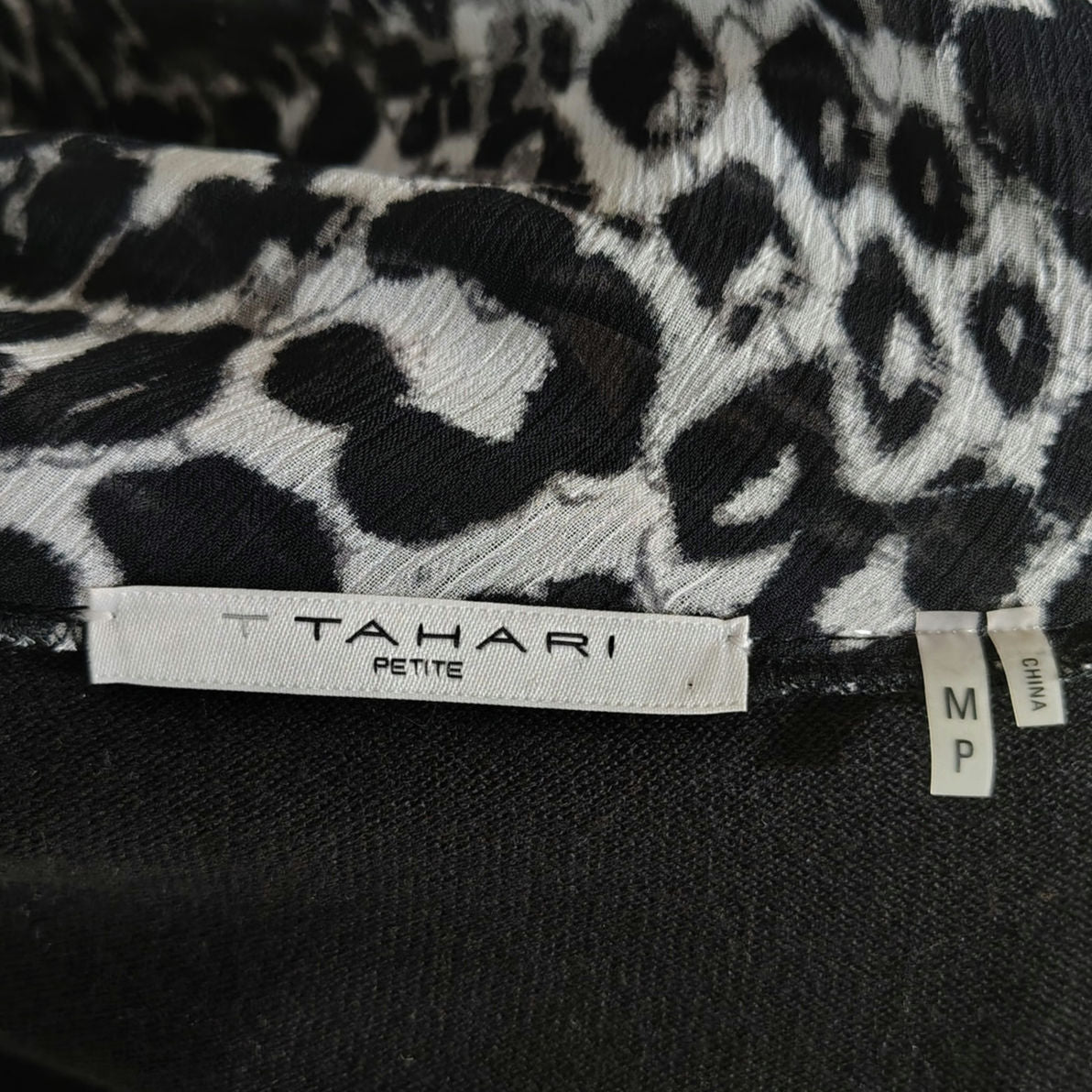 Tahari Black Cardigan Button Up Sweater Gray Leopard Print Trim Size Med Petite