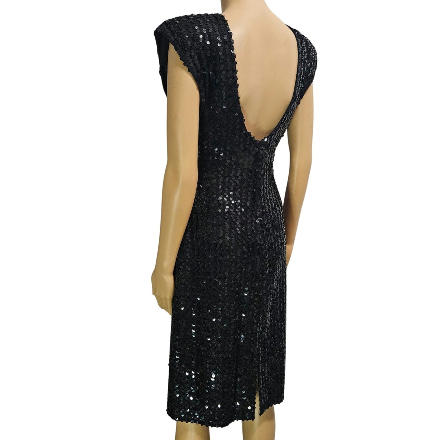 70’s 80’s Frederick’s Hollywood Black Sequin Wiggle Dress Bow Crystals Open Back