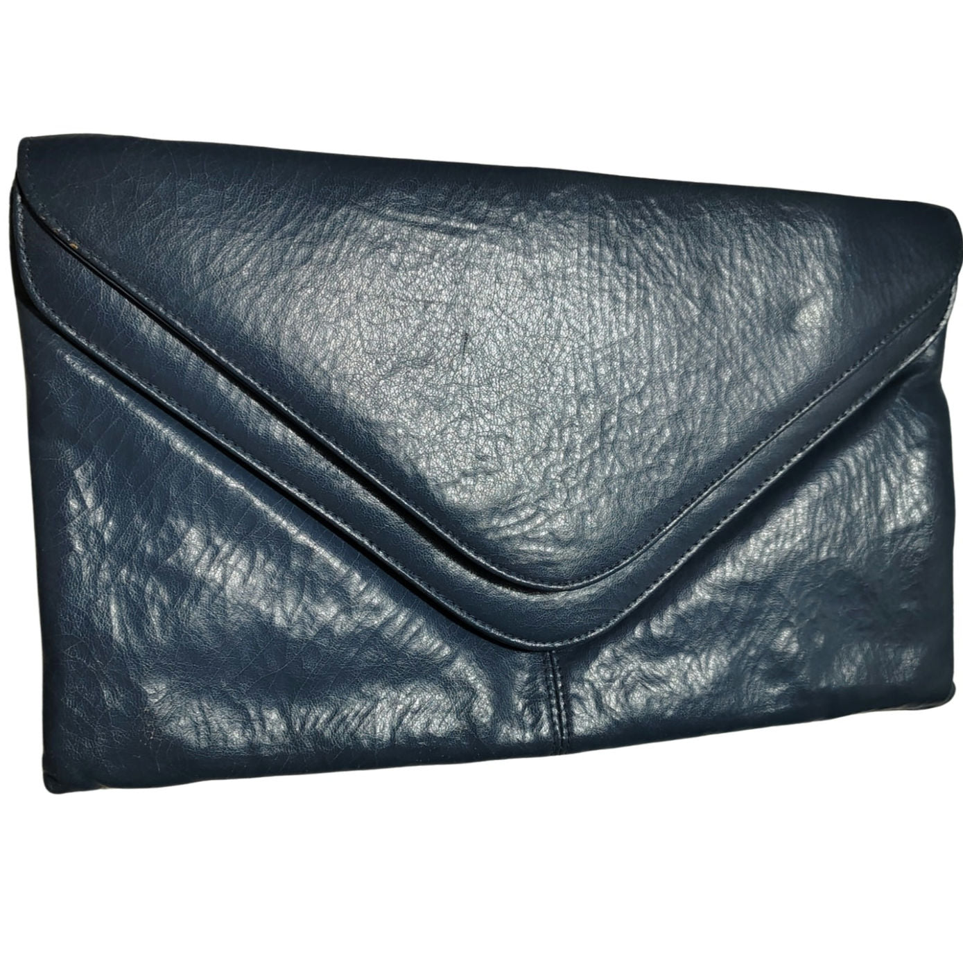 70s Maxi Clutch Blue Faux Leather Vegan Crinkle Leather Wristlet Two Compartment