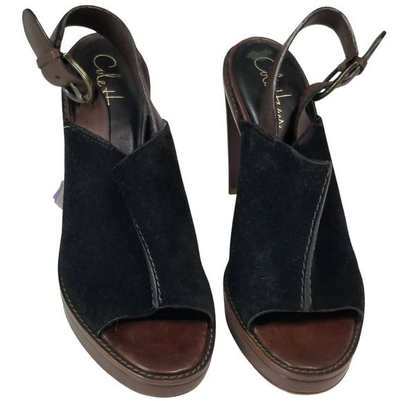 Open Toe Mule Wood Platform Nike Air Cole Haan Collab Black Suede Heels Size 10