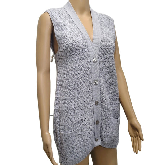 70s Gray Sweater Vest Acrylic Cardigan Button Up Boho Style College Point Size M