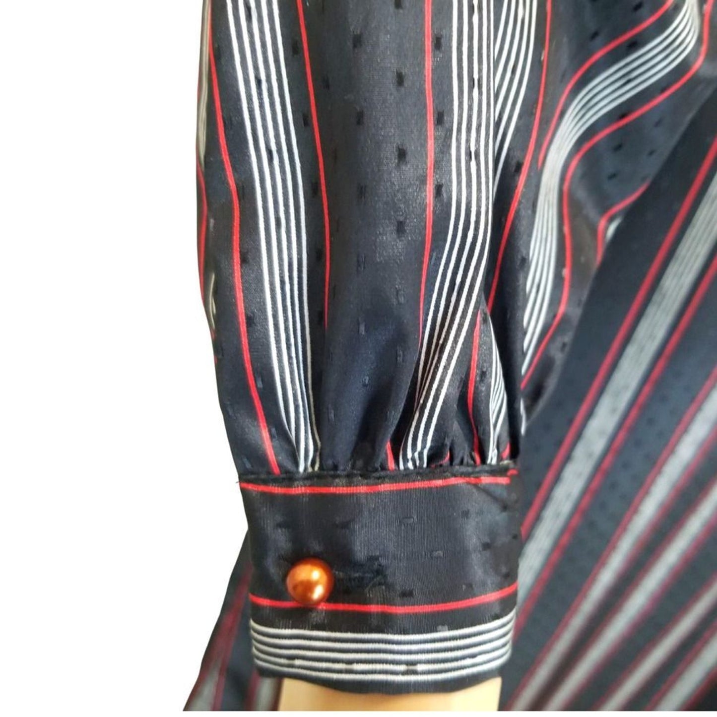 1980s Striped Metallic Long Sleeve Midi Dress Button Up Belted Vintage Size 7/8