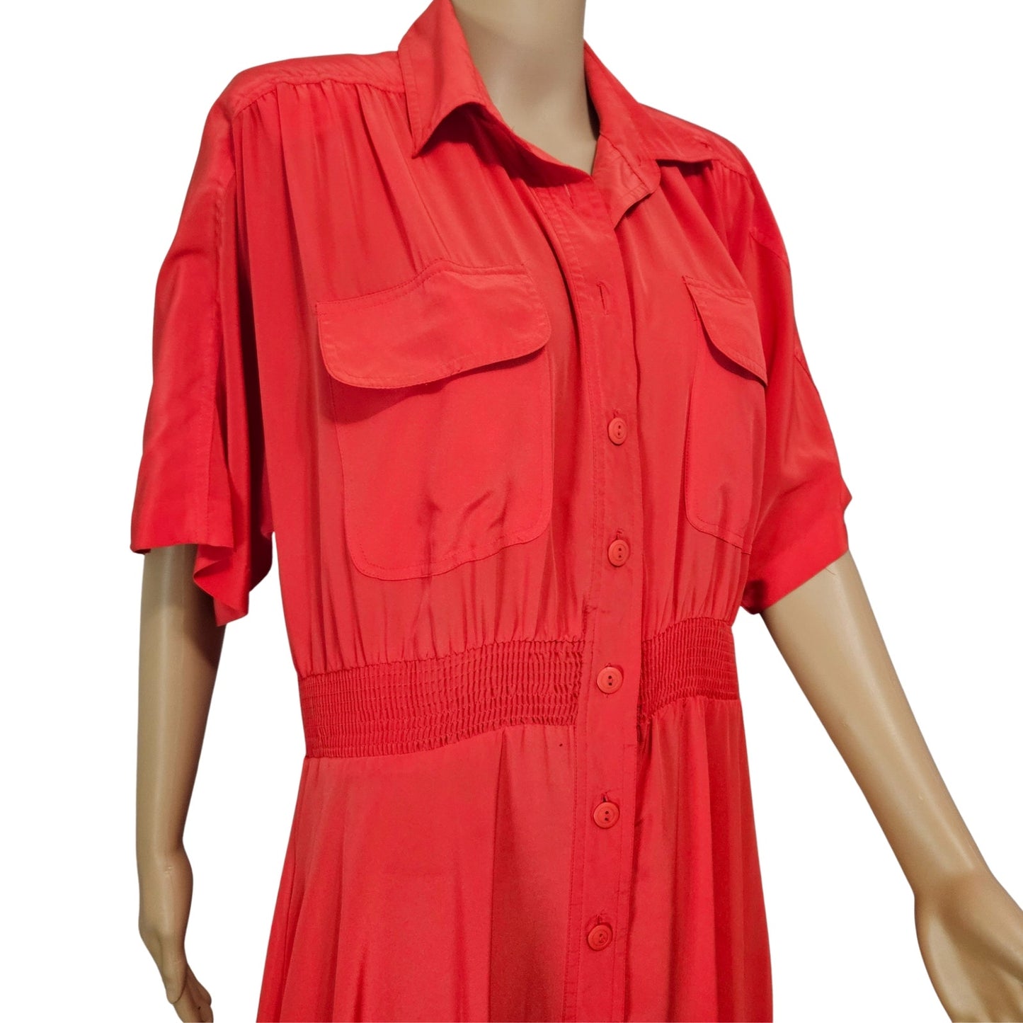 1990s Raoul Tomatoe Red Ruched Waist Short Sleeve Button Up Collar Dress Size 8