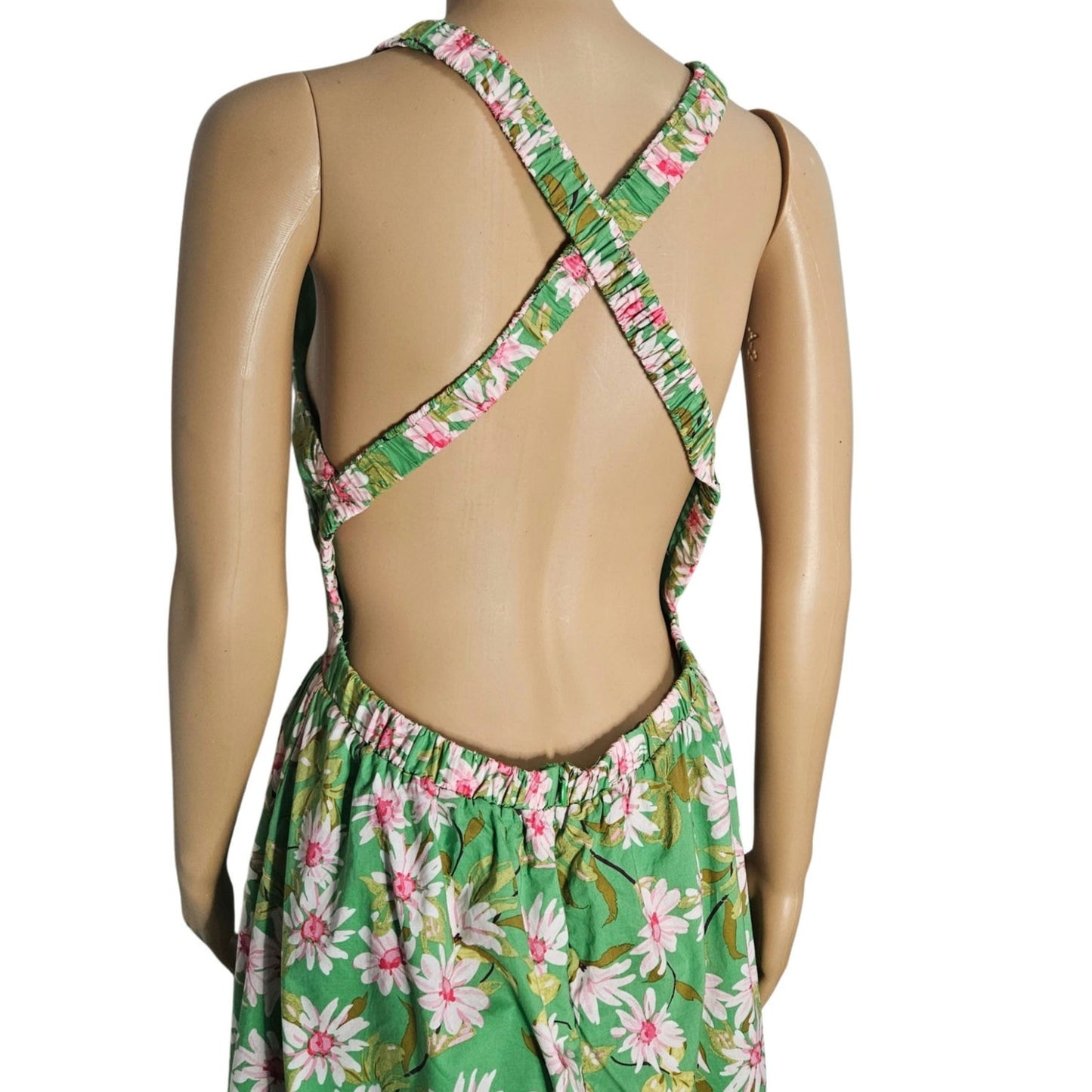 Storia Green Maxi Dress Pink Daisies Crisscross Strappy Top Open Back Size Large