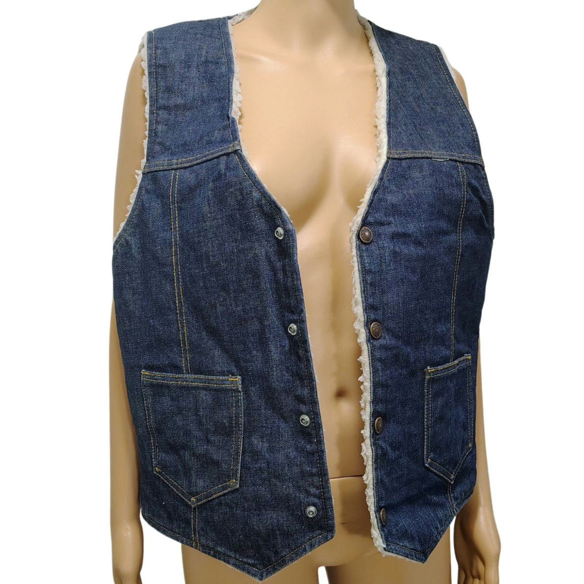 60s Indigo Blue Denim Western Sherpa Vest Seams Brass Snaps Closure Pockets SZ M