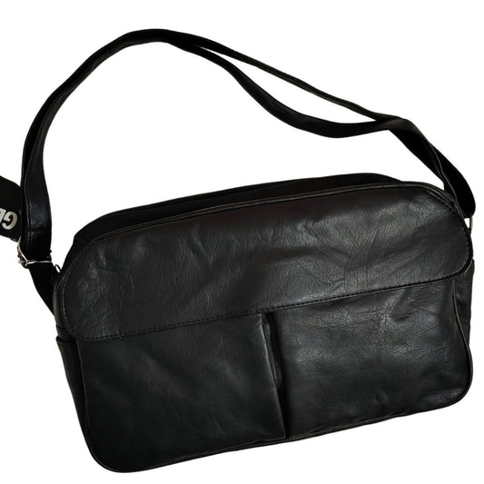 80s Black Faux Leather Crossbody Tote Medium Size Adjustable Hook Loop Closures
