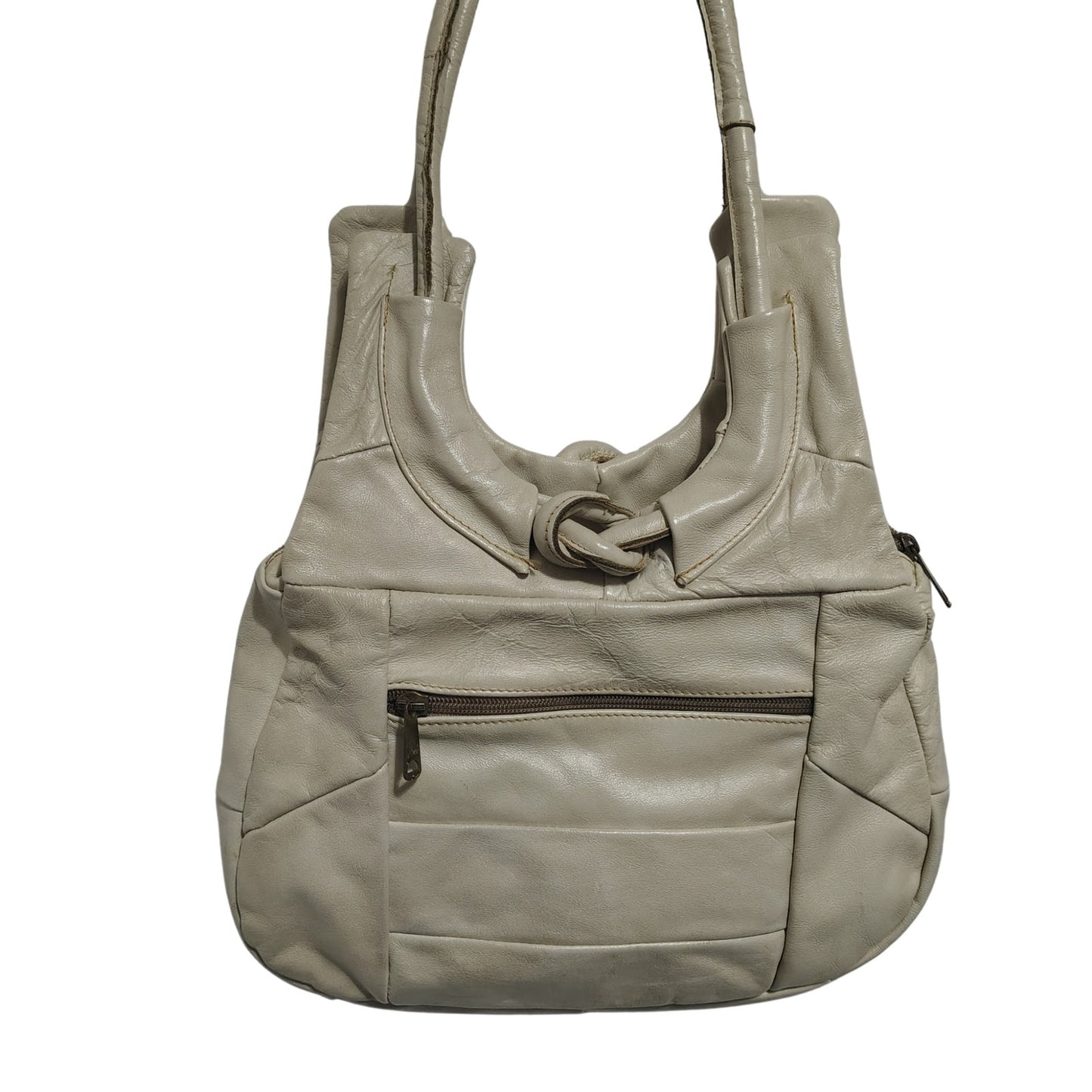 80s Cream Genuine Leather Patchwork Crescent Shoulder Bag Vintage Zipper Closure