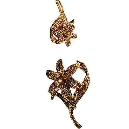 Vintage Set of Two Floral Brooch Flower Stem Pin Two Piece Set Topaz Bronze