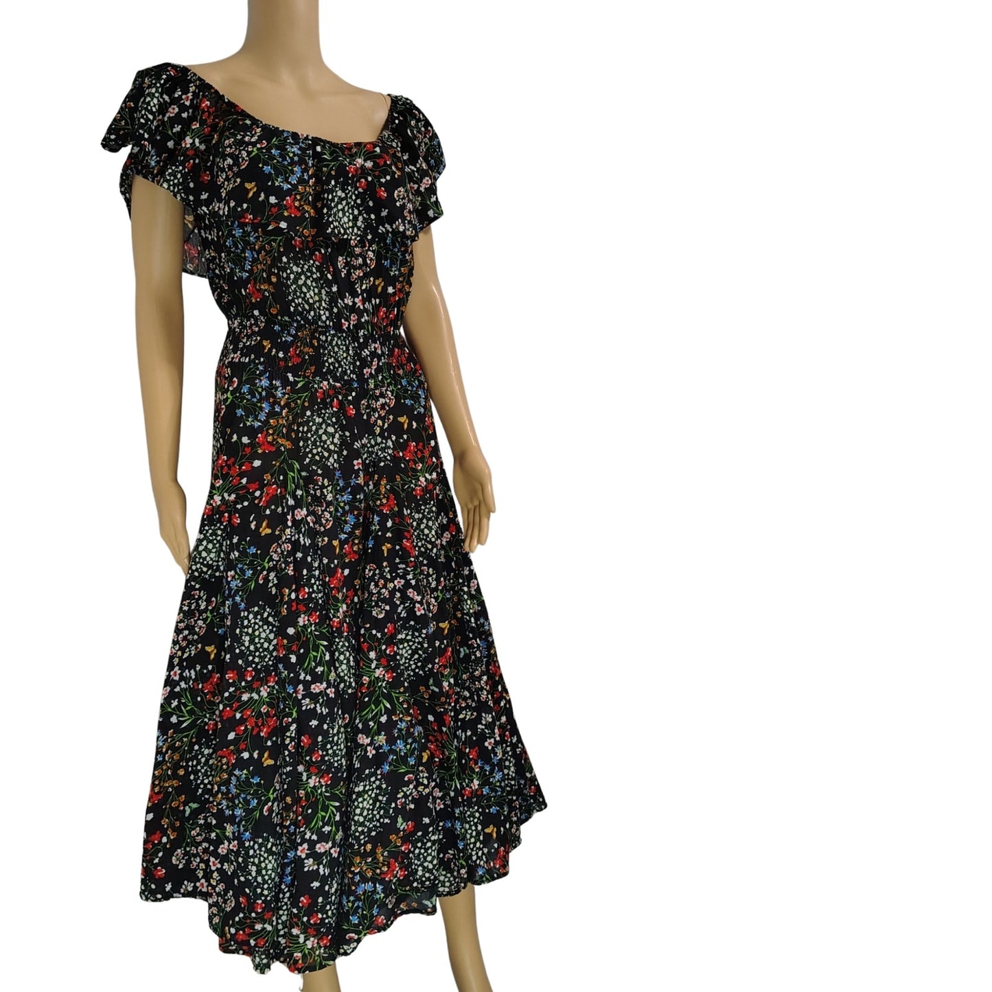 Chelsea & Theodore Floral Peasant Fit Flare Maxi Sundress Smocked Waist Size Medium