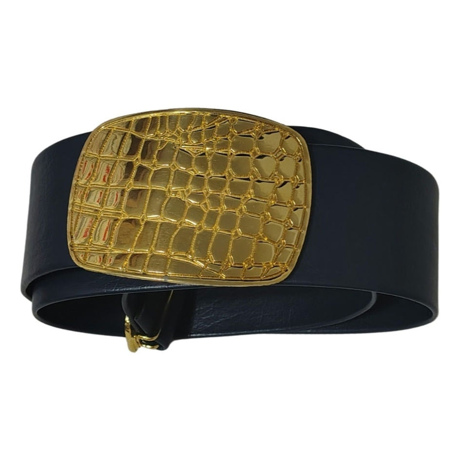 Wide Blue Leather Belt Gold Crocodile Print Huge Belt Buckle Hook Closure OS