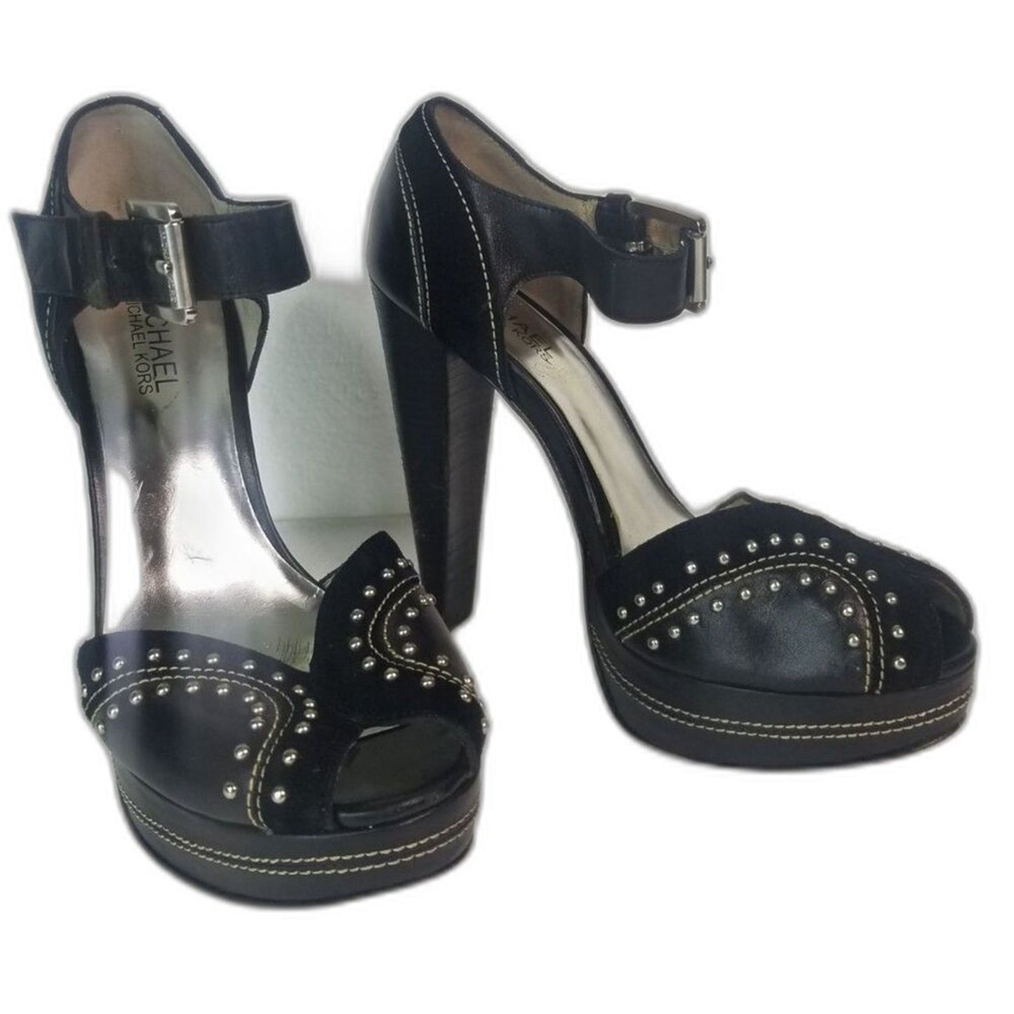 MICHAEL Michael Kors Peep Toe Black Platforms Heels Metal Detail Size 6.5