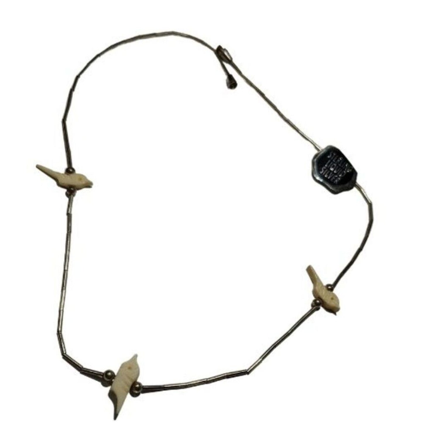 1970s Cream Carved Bird Shell Beads Liquid Silver Single Strand Necklace 16 Inch