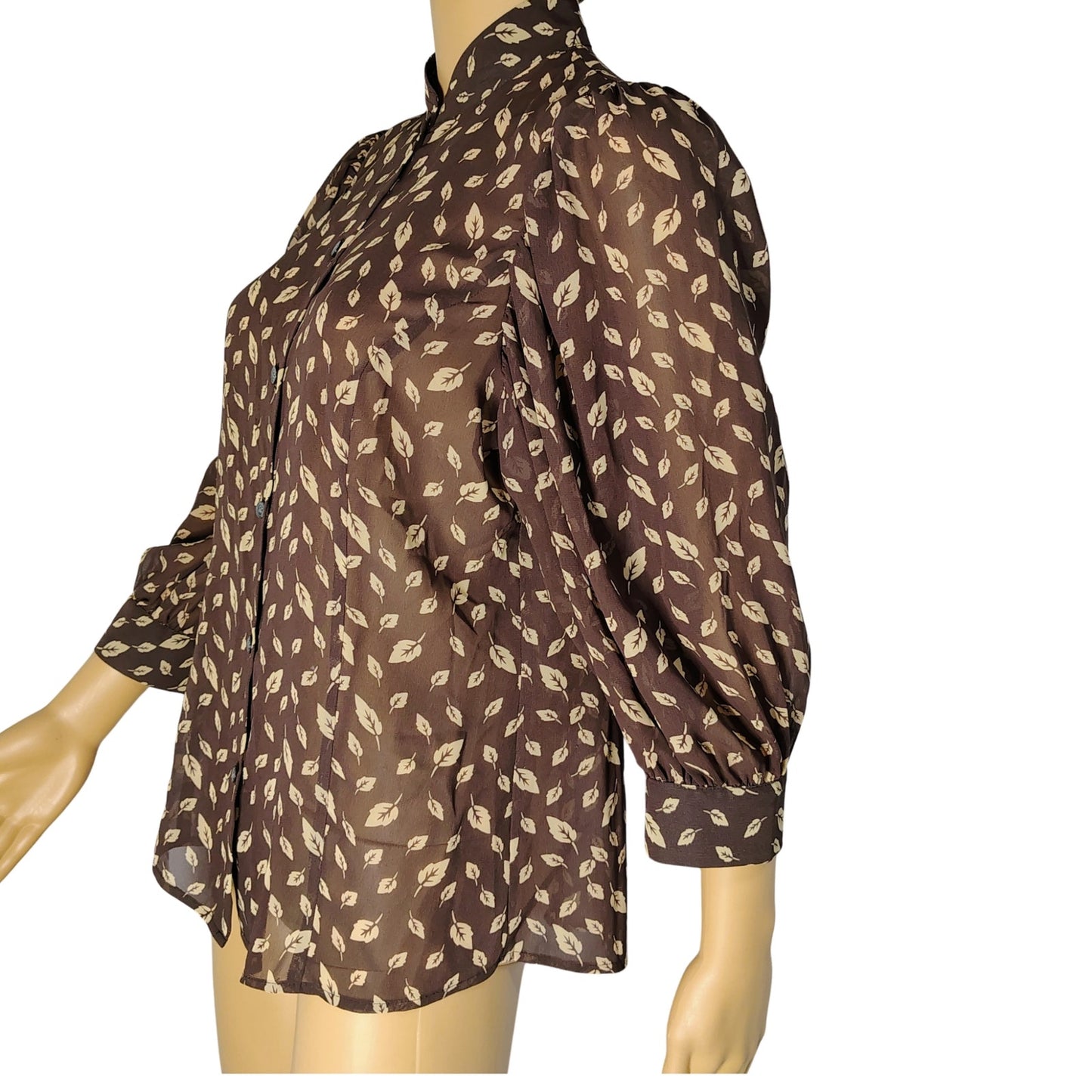 Banana Republic Brown Leaf Print Top Button Up Shirt 3/4 Sleeve Blouse Size Med