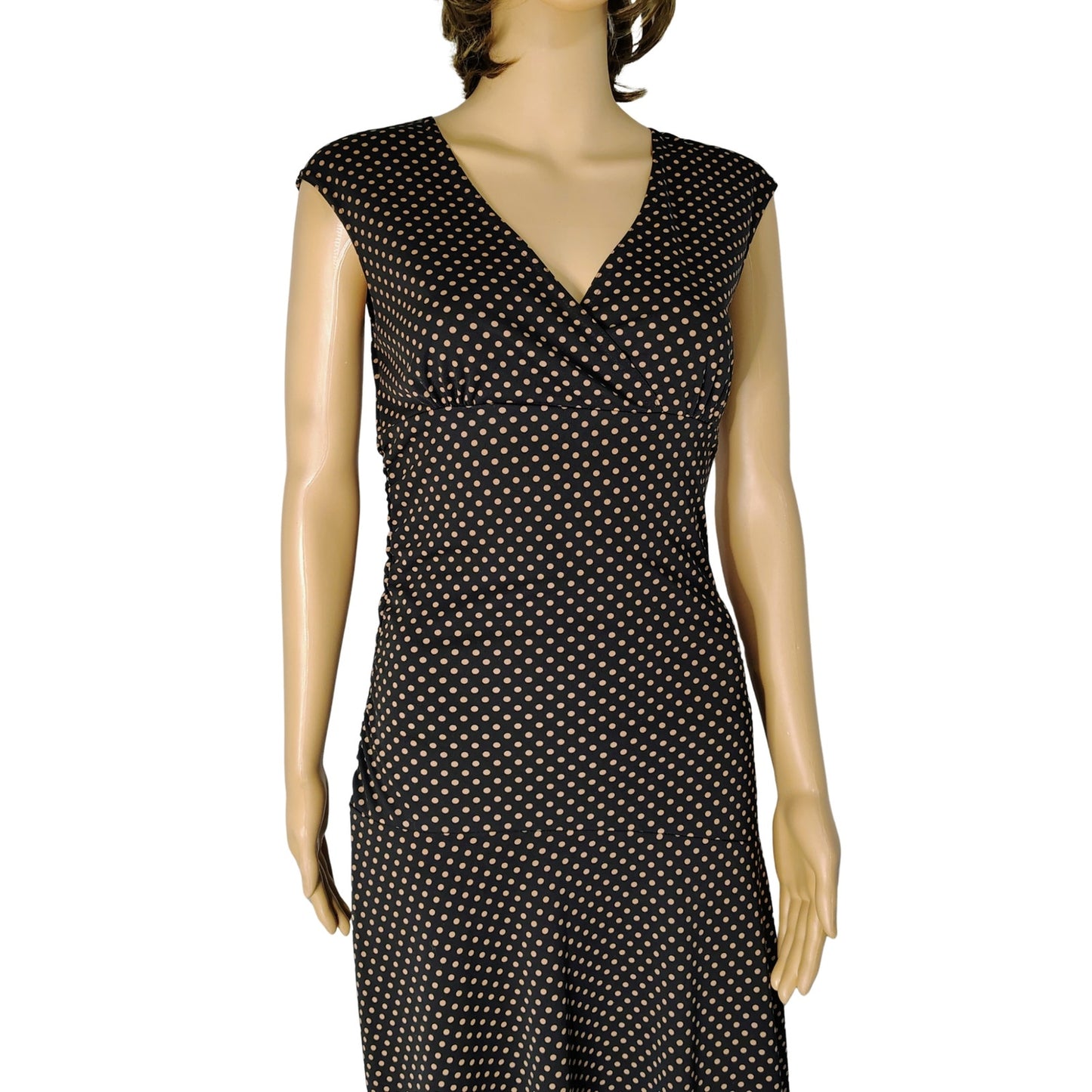 Black with Brown Polka Dots Bodycon Ruched Fit Flare Short Sleeve Dress Size S
