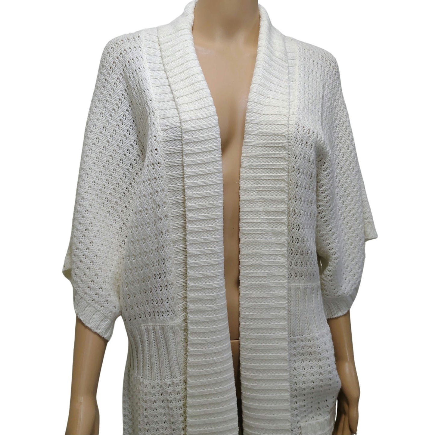 1990s Knit Wool Cardigan Cream Long Boho Open Front Short Sleeve Sweater Size L