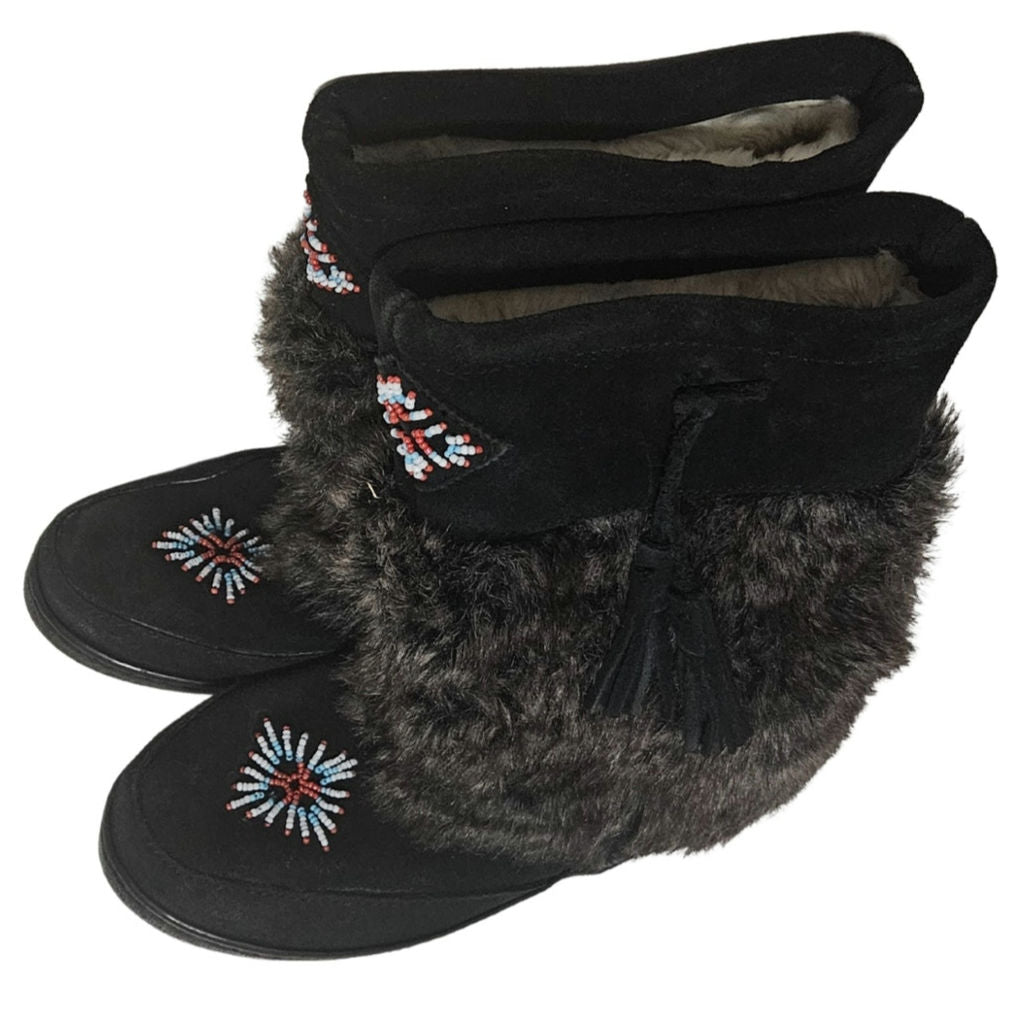 Minnetonka Mukluk Bead Detail Black Genuine Suede Leather Faux Fur Size 7 Womens